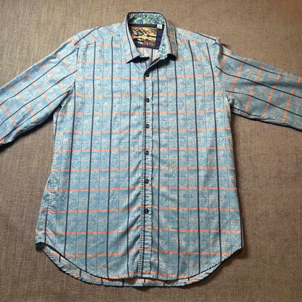 Robert Graham Shirt Men's Medium Blue Long Sleeve Button Up Designer Party